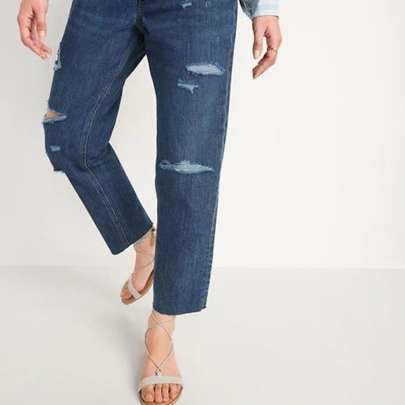 Old Navy High-Waisted Slouchy Straight Cropped Ripped Dark-Wash Jeans for Women - Picture 2 of 7